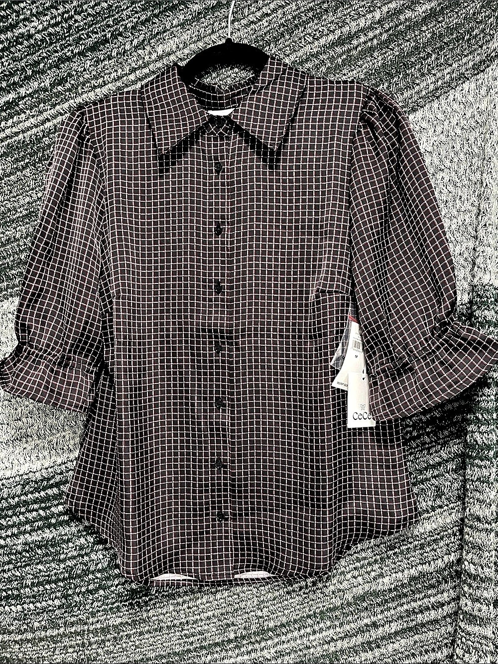 CeCe Geometric Print Button-Down Shirt Black & Pink Medium